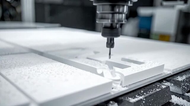 Close Up of CNC Machine Milling White Material in Industrial Setting with Precision