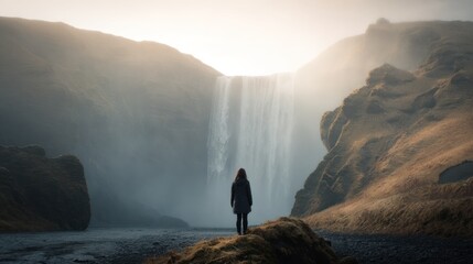 Woman stands before waterfall with mountains during daylight scenic view
