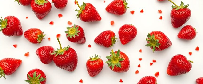 Juicy red strawberries scattered on pristine white, vibrant color, top view, clean, texture