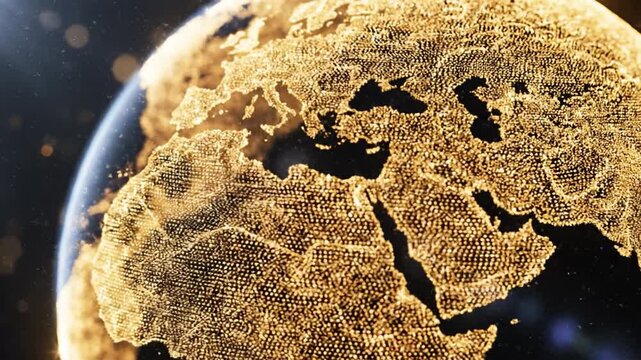 Golden digital illuminated globe of Earth showing glowing gold network of nodes across Europe, Africa and Middle East with textured landmass, dark oceans, cinematic bokeh and futuristic global