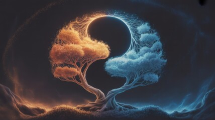 Yin Yang Trees: Two stylized trees, one ablaze with fiery hues, the other a serene sky blue, intertwine to form the iconic Yin Yang symbol, set against a dreamlike celestial backdrop.