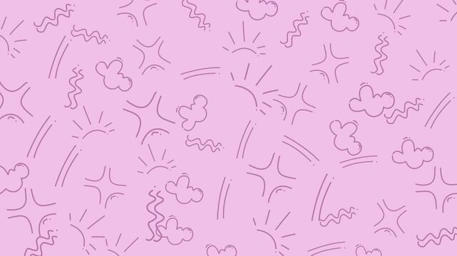 Repeating pattern of suns, clouds, stars, and squiggles suitable for kids products, packaging design, textiles, and stationery