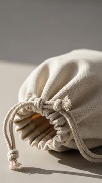 Close-up of a white drawstring pouch, perfect for packaging small items or gifts, with a focus on its texture and simple design.