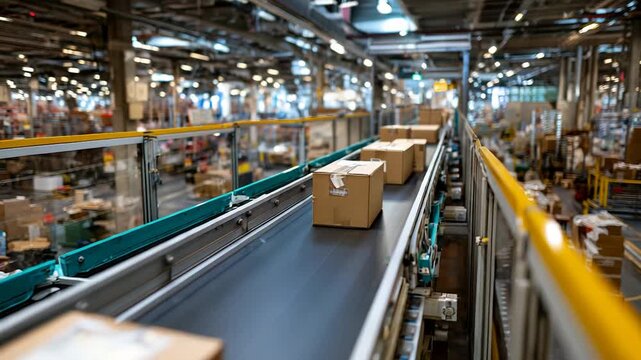 Packages moving on conveyor belt in warehouse