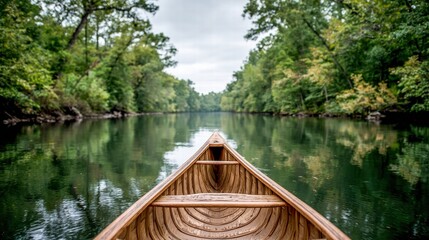 Obraz premium Canoe adventure on a calm river surrounded by lush green trees under a cloudy sky.