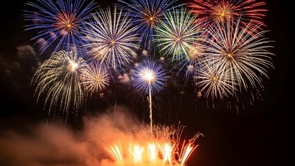 Fireworks illuminating clouds and light smoke