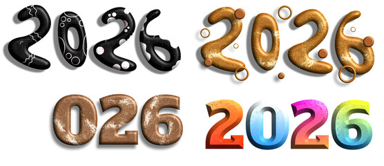 Modern 3D 2026 text effects with glossy and textured finishes