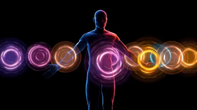 Seven chakra colors shown as soft, glowing light orbs orbiting a human silhouette. Slow synchronized rotation creates an abstract energy balance concept on a minimal background, loop-friendly.
