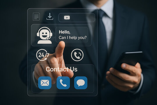 Modern contact support interface with businessman choosing 24 7 customer service options and assistance tools - Powered by Adobe