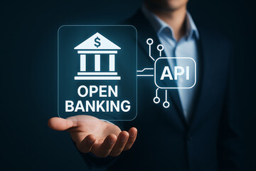 Open banking API illustration with businessman hand symbolizing financial services integration secure transactions and modern fintech innovation for customer convenience