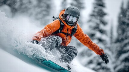Snowboarder carves down a snowy slope, enjoying the winter adventure.