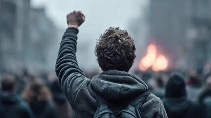 Protester raises fist in solidarity amidst a crowd during a demonstration.