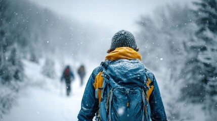 Person hiking in a snowy forest during a winter storm