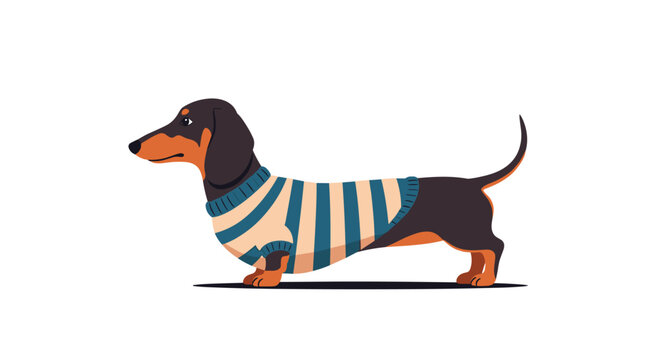 A cute cartoon dachshund dog standing in profile while wearing a cozy blue and white striped sweater isolated on a white background.
