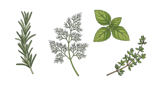 Detailed botanical illustration set of fresh culinary herbs including rosemary dill basil and thyme in a vibrant colored drawing style.
