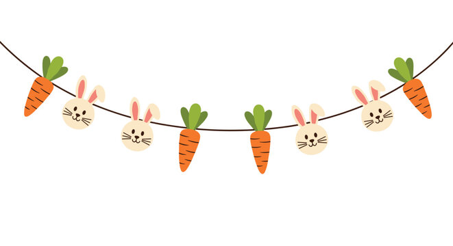 A cute and festive Easter garland with alternating bunny faces and bright orange carrots hanging on a string for holiday decoration.