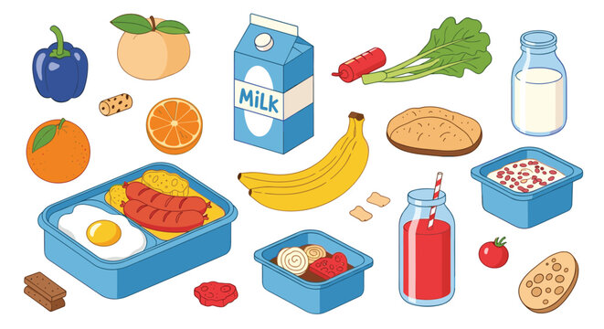 An isometric collection of various school lunch and breakfast food items including a lunchbox milk fruit and a sandwich.
