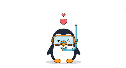 Obraz premium An adorable cartoon penguin wearing a snorkel mask and ready for swimming with two pink hearts floating above its head showing love.