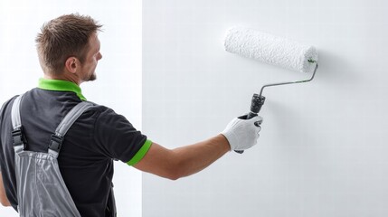 A man paints a white wall with a paint roller, demonstrating home improvement.
