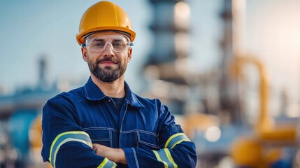 The engineer stands confidently, wearing a yellow hard hat and safety glasses at a work site.