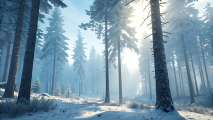Sunbeams through snow covered trees in a winter forest