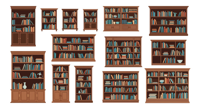 A large collection of classic wooden bookcases and shelves of various sizes filled with colorful books for a library or home interior.