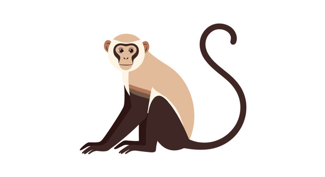 A simple flat vector illustration of a spider monkey with light brown and dark fur sitting down with its long tail curled up.