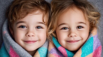 Two adorable children wrapped in cozy blankets, smiling warmly at the camera.