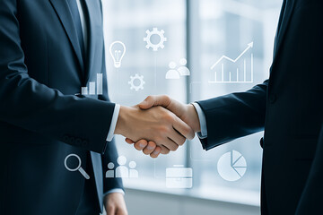 Professional handshake representing digital partnership with holographic overlays of teamwork collaboration and futuristic business success