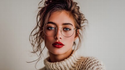 A stylish woman with glasses and red lipstick in a close-up portrait, looking at the camera.