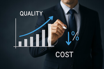 Professional presents quality improvement graph with rising bar statistics and arrows showing reduced cost through effective business strategy