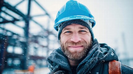 A construction worker smiles, wearing a blue hard hat, in the winter snow, looking at the camera.