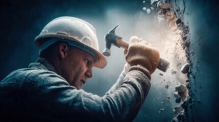 A construction worker intensely demolishes a wall with a hammer, creating a cloud of dust.