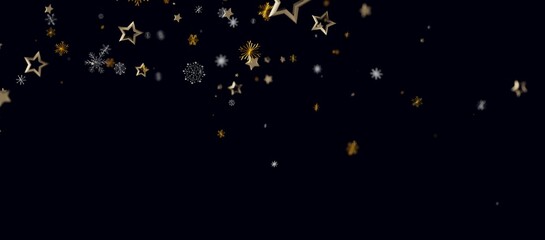 Fototapeta premium Christmas, New Year background with golden stars and snowflakes on a dark night, festive, winter holiday. Decor
