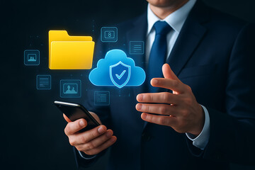 Professional using smartphone with glowing holographic data folder and cloud shield icons representing cyber security and privacy protection