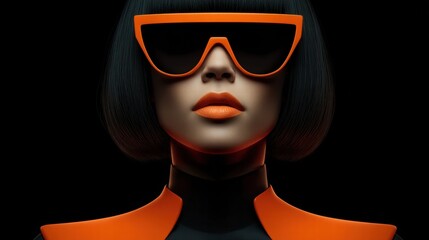 A stunning portrait of a woman with striking orange sunglasses and makeup, set on black