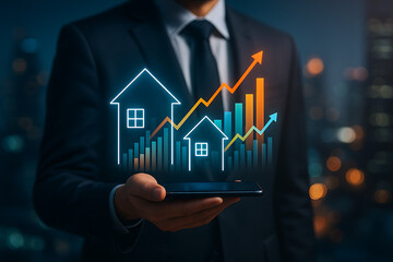 Real estate business growth concept with digital house holograms and financial bar charts rising from mobile device