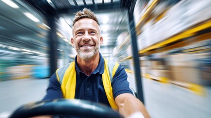 Happy warehouse worker operating a forklift, showcasing speed and efficiency in distribution and logistics.