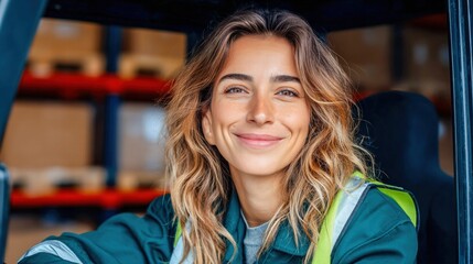 Cheerful warehouse worker smiles while driving a forklift, ready for delivery.