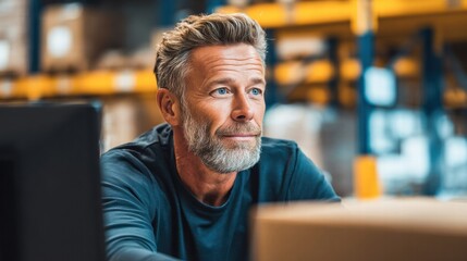 A mature man with a gray beard looks away in a warehouse setting