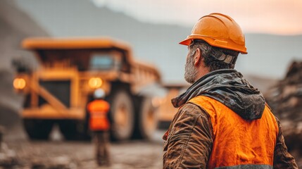 A mining worker wearing a hard hat and safety vest looks towards a dump truck.