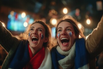 Two happy young women, France football supporters, cheering with face paint of national flag, celebrating sport victory