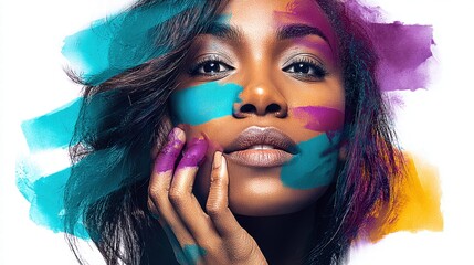 A striking portrait of a woman with colorful paint, creating a unique and artistic visual.