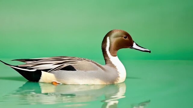 Elegant northern pintail duck swimming gracefully on green water against a green screen background