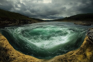 Powerful whirlpool forms in a serene river surrounded by lush green hills and a cloudy sky