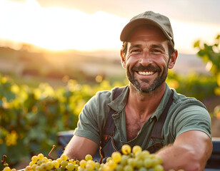 Smiling male farmer in vineyards with harvested grapes, sun setting in the background. Highlights agricultural labor, organic produce, and rural lifestyle.