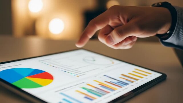 Man analyzing business data on digital tablet. Financial pie chart with growth bar graph for market strategy visualization. Investment management.