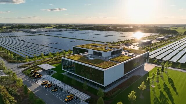 Modern sustainable office building and corporate campus with green roof, solar carports, solar panel fields and photovoltaic arrays sunrise and sunset, electric vehicle charging stations