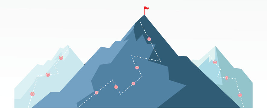 Mountain progression path. Business path is on the way to concept of success. Climbing progress route, mountain peak overcoming, mountain climbing path with white flag on top vector illustration. 