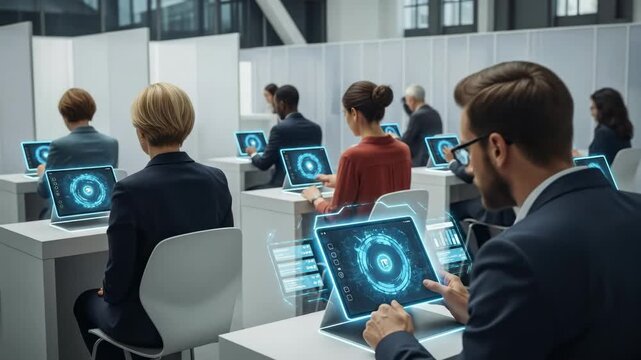 Professional businessman uses a futuristic holographic tablet with data visualization during a business meeting in a modern office environment.